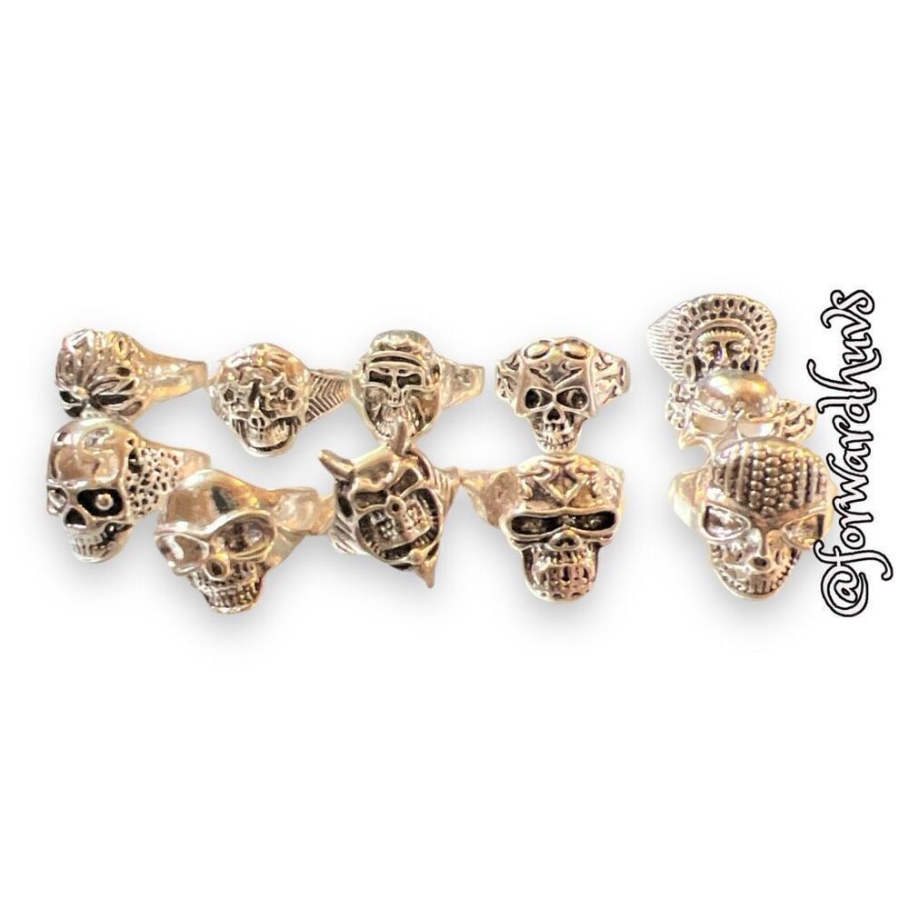 11 Silver Tone Skull Rings Various Sizes